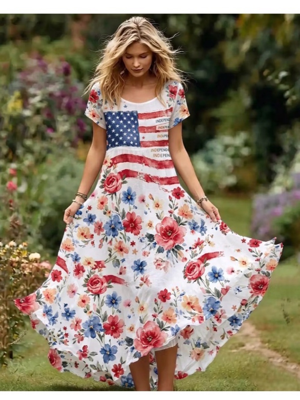 Patriotic Floral Maxi Dress - White with Red & Blue Floral Print